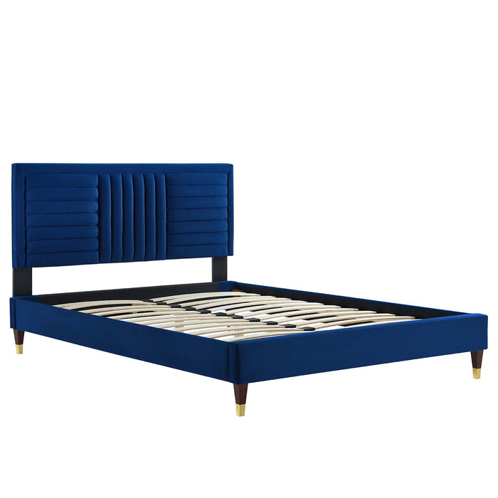 Modway Sofia Channel Tufted Performance Velvet Platform Bed With Wood and Gold Legs Bedroom Furniture - View 18