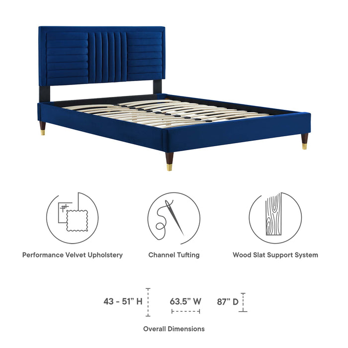 Modway Sofia Channel Tufted Performance Velvet Platform Bed With Wood and Gold Legs Bedroom Furniture - View 16