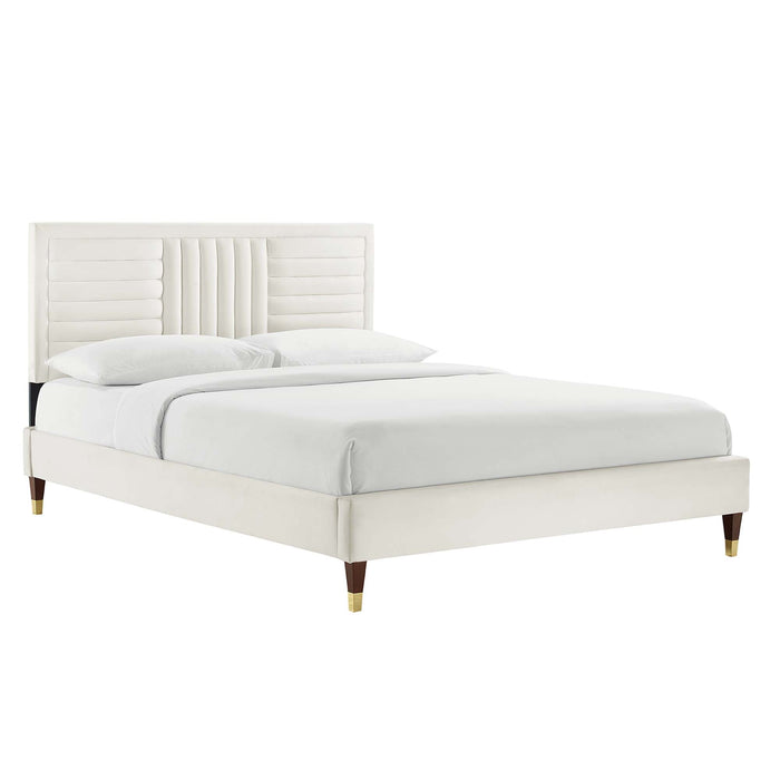 Modway Sofia Channel Tufted Performance Velvet Platform Bed With Wood and Gold Legs Bedroom Furniture in Blue