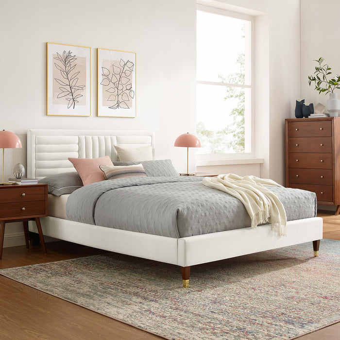 Sofia Channel Tufted Performance Velvet Platform Bed With Wood and Gold Legs