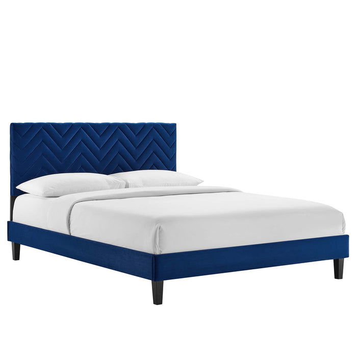 Leah Chevron Tufted Performance Velvet Platform Bed With Black Wood Legs