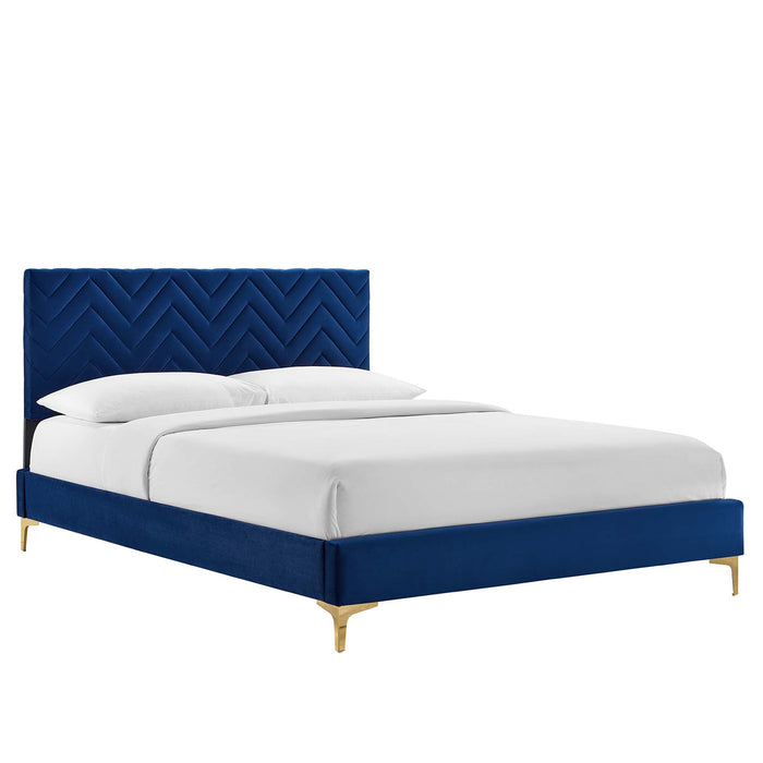 Leah Chevron Tufted Performance Velvet Platform Bed With Gold Metal Legs