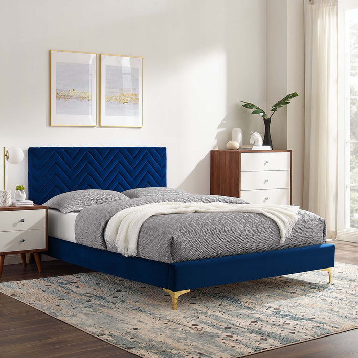 Leah Chevron Tufted Performance Velvet Platform Bed With Gold Metal Legs