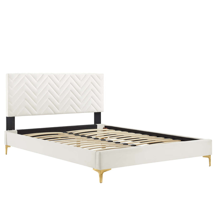 Leah Chevron Tufted Performance Velvet Platform Bed With Gold Metal Legs