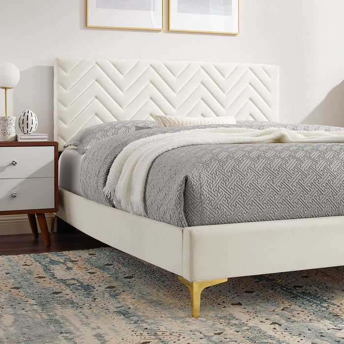 Leah Chevron Tufted Performance Velvet Platform Bed With Gold Metal Legs