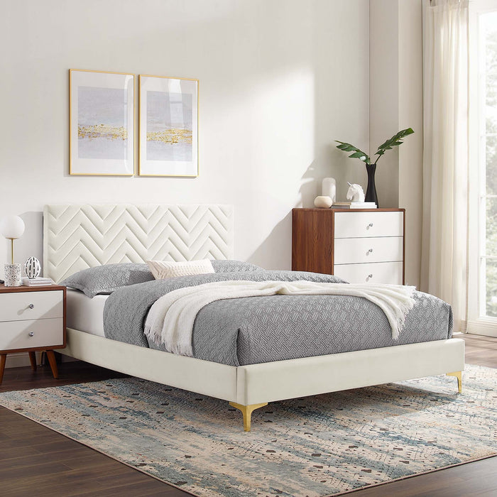 Leah Chevron Tufted Performance Velvet Platform Bed With Gold Metal Legs