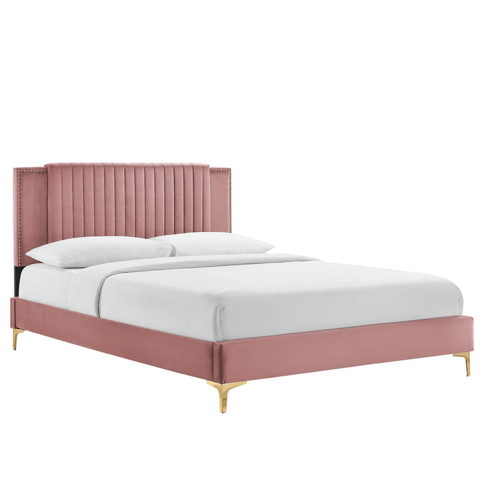Zahra Channel Tufted Performance Velvet Platform Bed With Gold Metal Legs