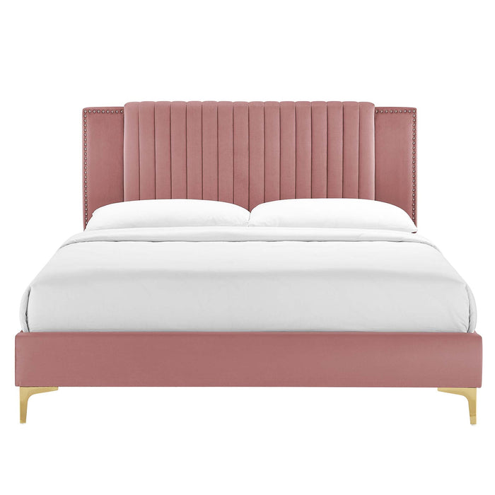 Zahra Channel Tufted Performance Velvet Platform Bed With Gold Metal Legs