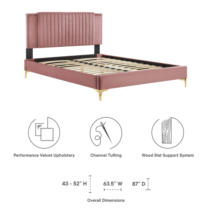 Zahra Channel Tufted Performance Velvet Platform Bed With Gold Metal Legs