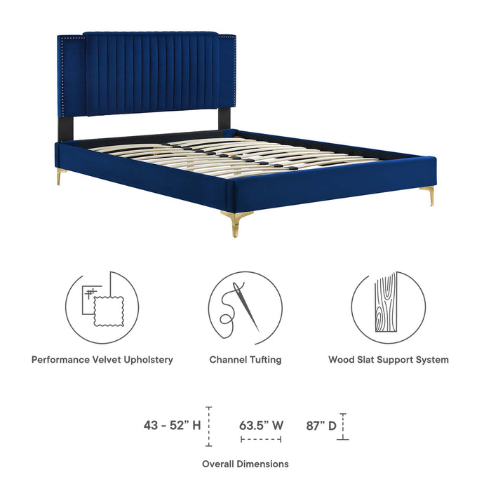 Zahra Channel Tufted Performance Velvet Platform Bed With Gold Metal Legs