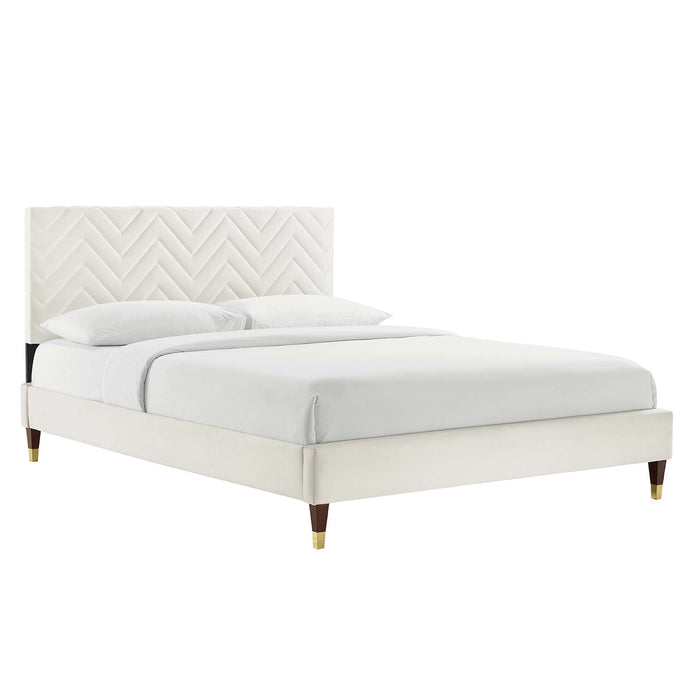 Leah Chevron Tufted Performance Velvet Platform Bed With Wood and Gold Legs