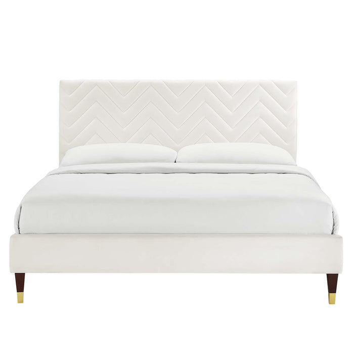Leah Chevron Tufted Performance Velvet Platform Bed With Wood and Gold Legs