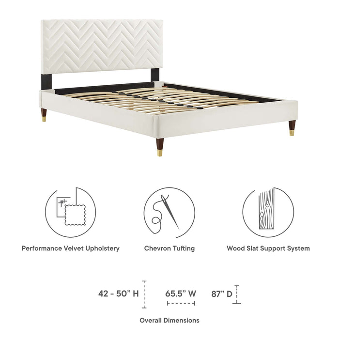 Leah Chevron Tufted Performance Velvet Platform Bed With Wood and Gold Legs