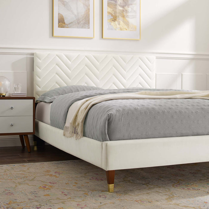Leah Chevron Tufted Performance Velvet Platform Bed With Wood and Gold Legs