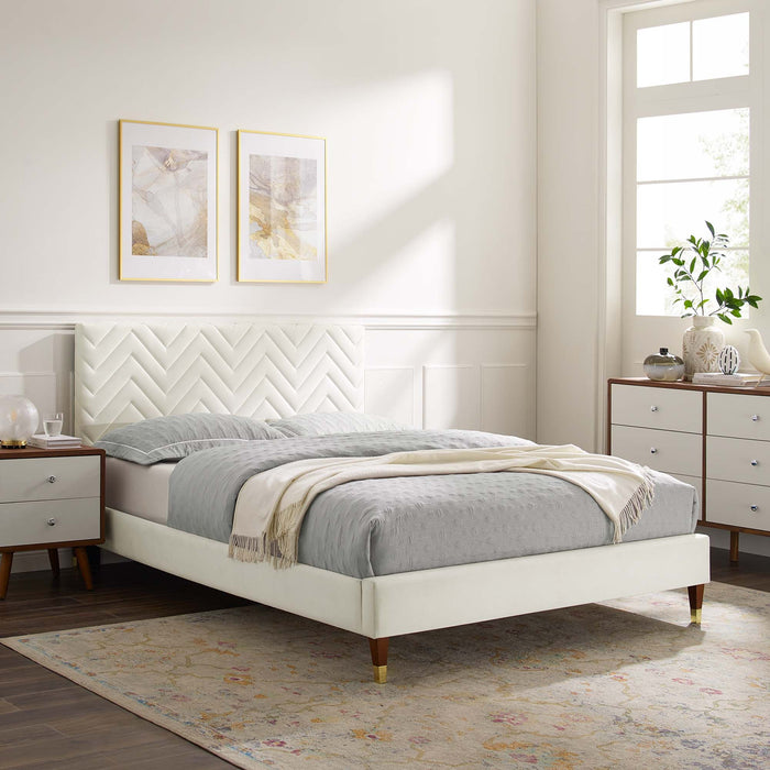 Leah Chevron Tufted Performance Velvet Platform Bed With Wood and Gold Legs