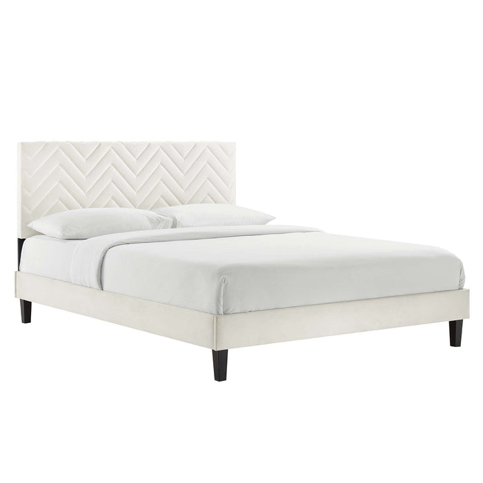 Leah Chevron Tufted Performance Velvet Platform Bed With Black Wood Legs
