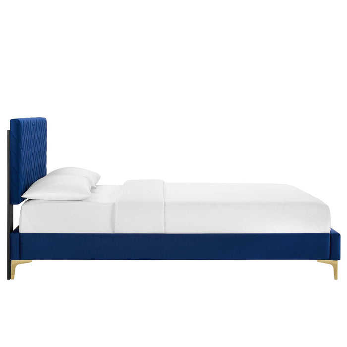 Leah Chevron Tufted Performance Velvet Platform Bed With Gold Metal Legs