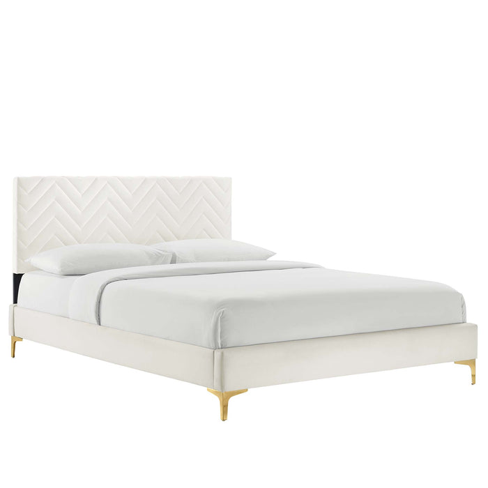Leah Chevron Tufted Performance Velvet Platform Bed With Gold Metal Legs