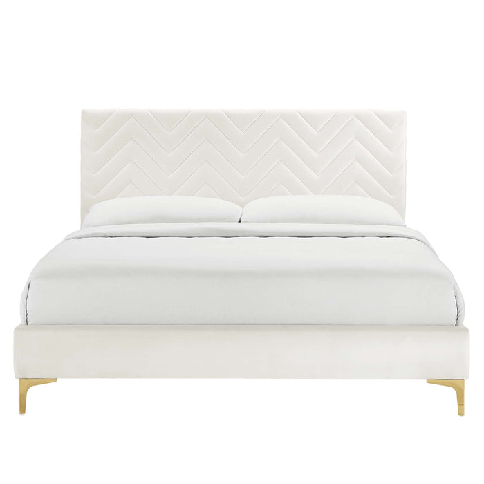 Leah Chevron Tufted Performance Velvet Platform Bed With Gold Metal Legs