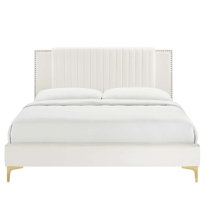 Zahra Channel Tufted Performance Velvet Platform Bed With Gold Metal Legs