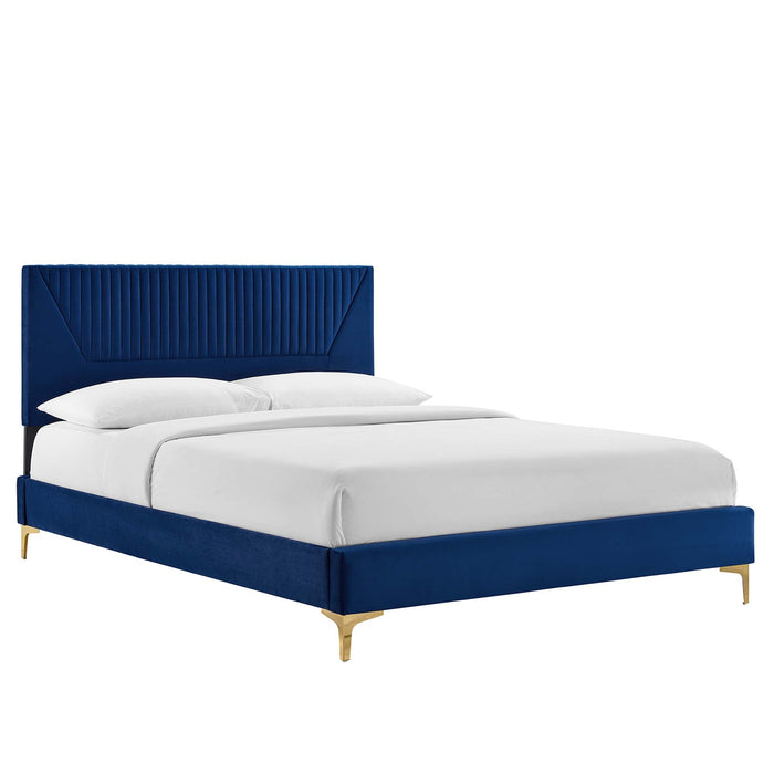 Yasmine Channel Tufted Performance Velvet Platform Bed With Gold Metal Legs