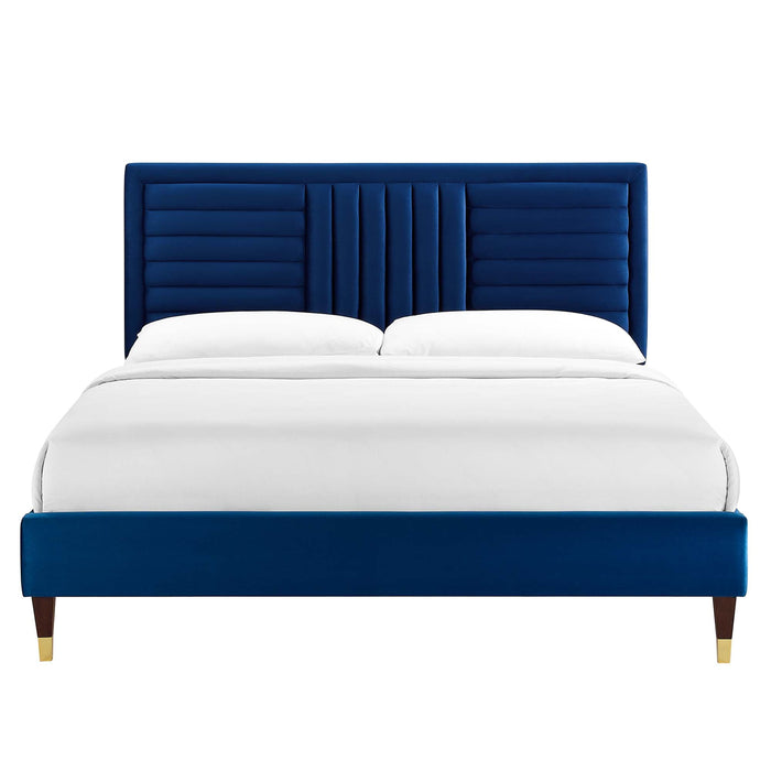 Modway Sofia Channel Tufted Performance Velvet Platform Bed With Wood and Gold Legs Bedroom Furniture - View 27