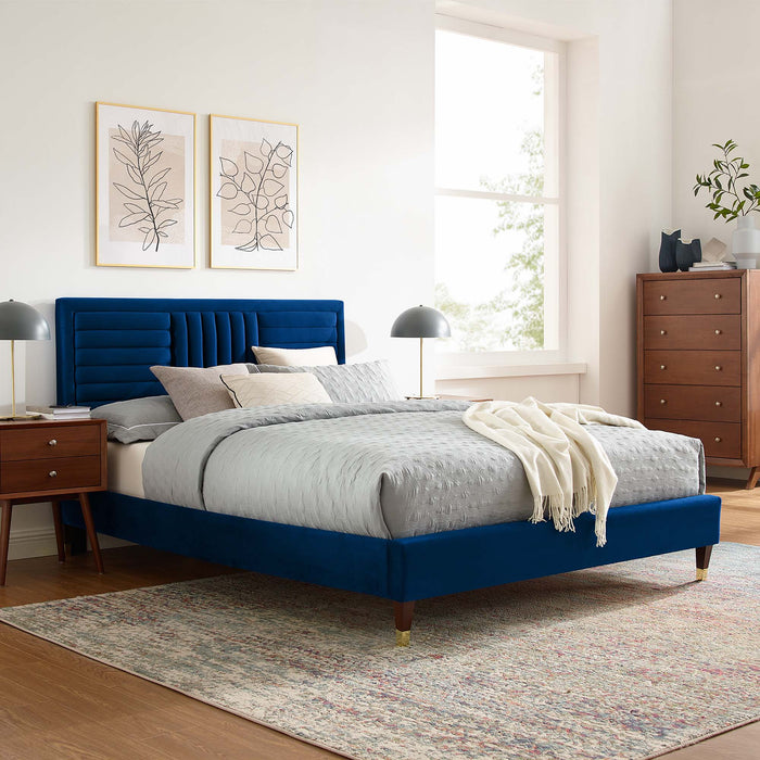 Modway Sofia Channel Tufted Performance Velvet Platform Bed With Wood and Gold Legs Bedroom Furniture - View 22