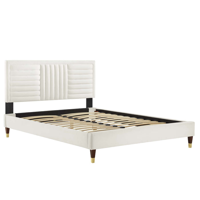 Modway Sofia Channel Tufted Performance Velvet Platform Bed With Wood and Gold Legs Bedroom Furniture - View 11