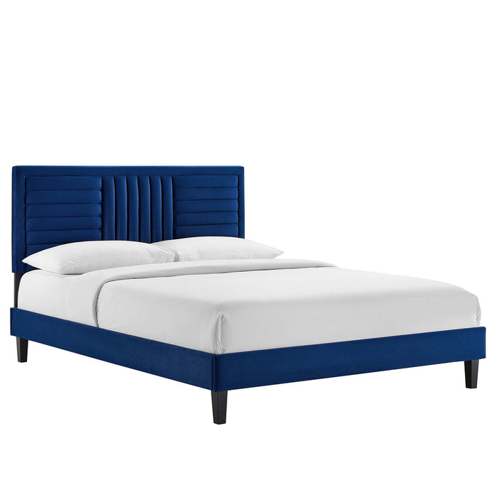 Sofia Channel Tufted Performance Velvet Platform Bed With Black Wood Legs