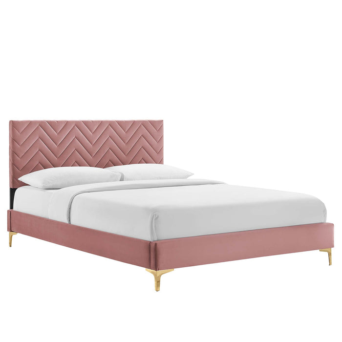 Leah Chevron Tufted Performance Velvet Platform Bed With Gold Metal Legs
