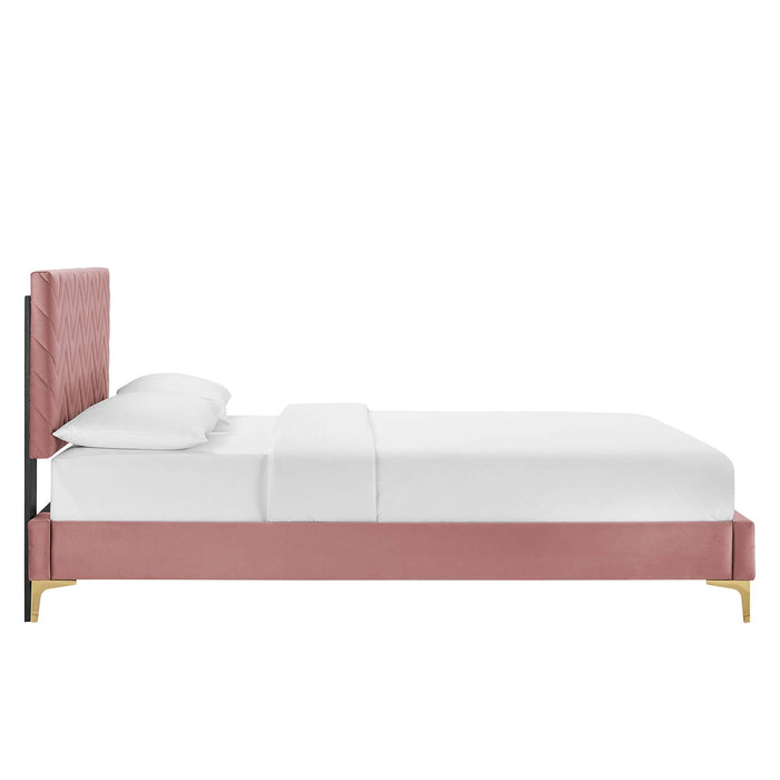 Leah Chevron Tufted Performance Velvet Platform Bed With Gold Metal Legs