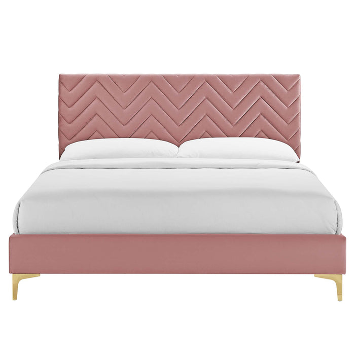 Leah Chevron Tufted Performance Velvet Platform Bed With Gold Metal Legs