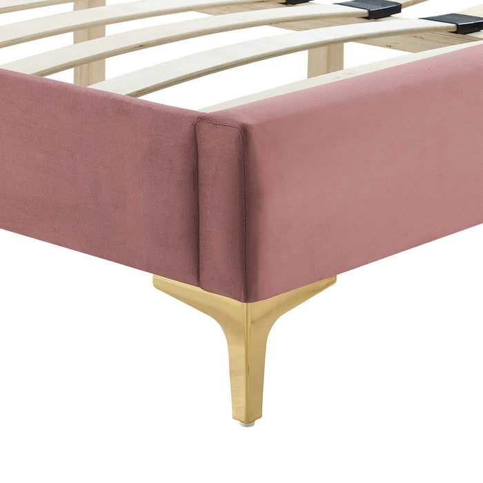 Leah Chevron Tufted Performance Velvet Platform Bed With Gold Metal Legs
