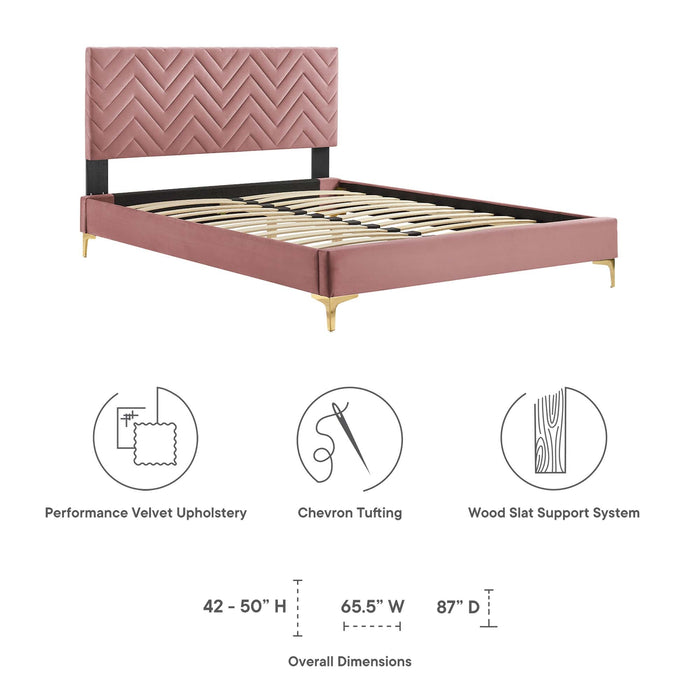 Leah Chevron Tufted Performance Velvet Platform Bed With Gold Metal Legs