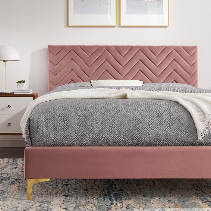Leah Chevron Tufted Performance Velvet Platform Bed With Gold Metal Legs