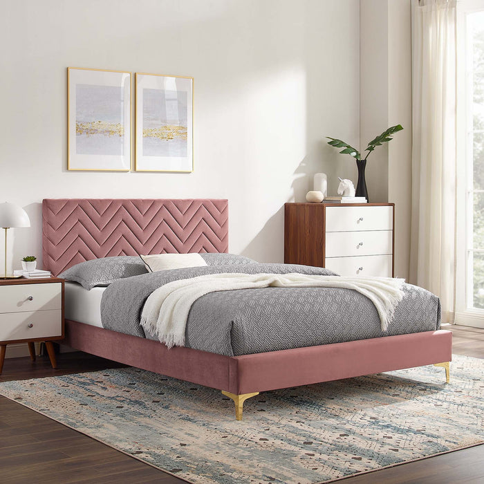 Leah Chevron Tufted Performance Velvet Platform Bed With Gold Metal Legs