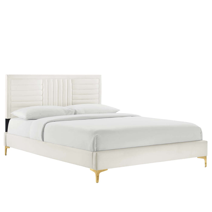 Sofia Channel Tufted Performance Velvet Platform Bed With Gold Metal Legs