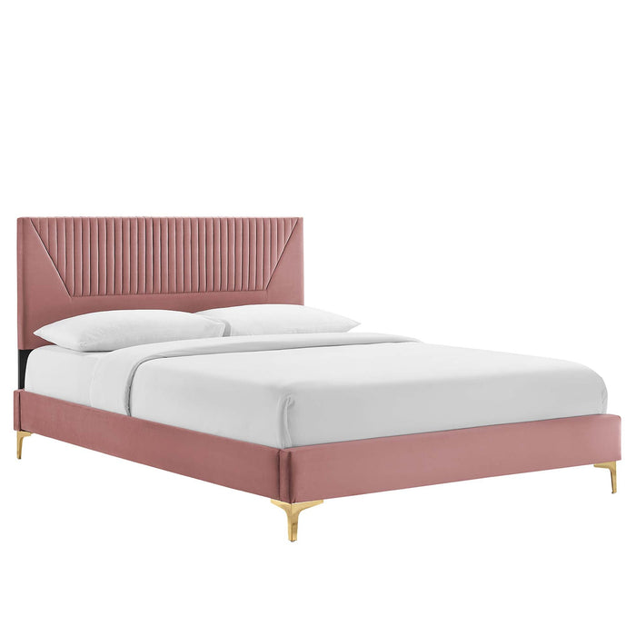 Yasmine Channel Tufted Performance Velvet Platform Bed With Gold Metal Legs