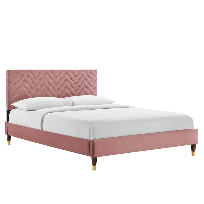 Leah Chevron Tufted Performance Velvet Platform Bed With Wood and Gold Legs