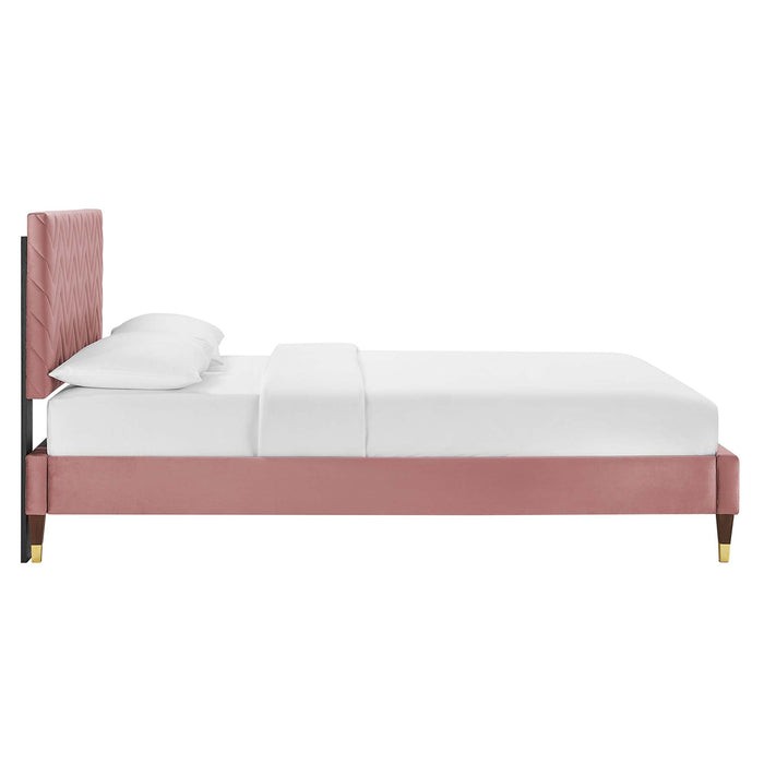 Leah Chevron Tufted Performance Velvet Platform Bed With Wood and Gold Legs