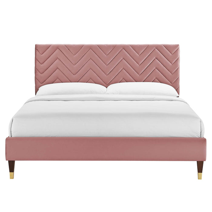 Leah Chevron Tufted Performance Velvet Platform Bed With Wood and Gold Legs