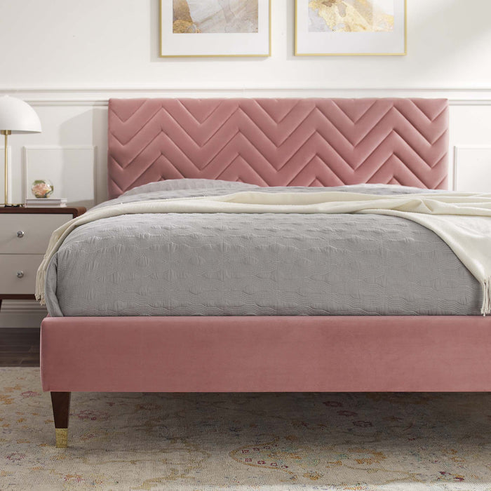 Leah Chevron Tufted Performance Velvet Platform Bed With Wood and Gold Legs