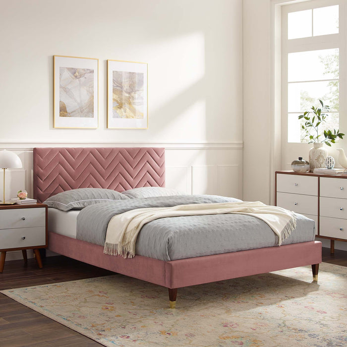 Leah Chevron Tufted Performance Velvet Platform Bed With Wood and Gold Legs