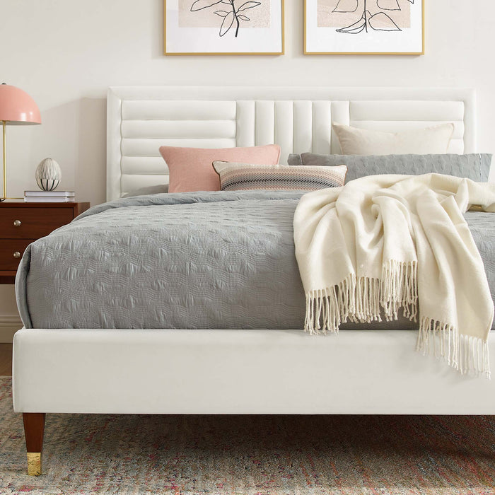 Modway Sofia Channel Tufted Performance Velvet Platform Bed With Wood and Gold Legs Bedroom Furniture - View 31