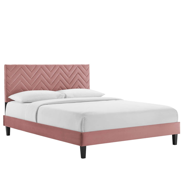 Leah Chevron Tufted Performance Velvet Platform Bed With Black Wood Legs