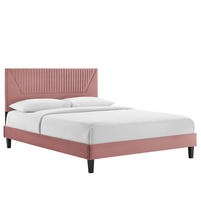 Yasmine Channel Tufted Performance Velvet Platform Bed With Black Wood Legs