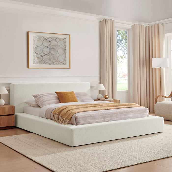 Luma Chenille Upholstered Platform Bed Frame Ivory Fabric / Queen