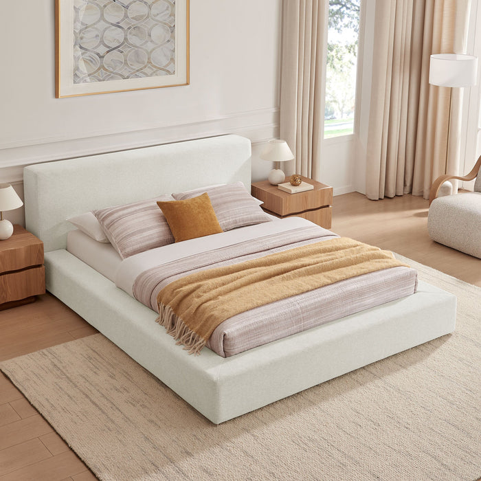 Luma Chenille Upholstered Platform Bed Frame Ivory Fabric / Queen