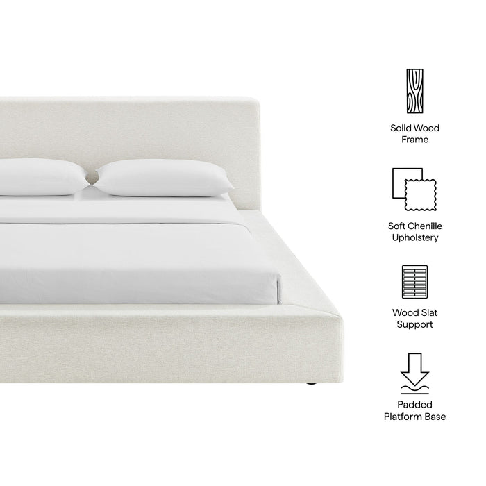 Luma Chenille Upholstered Platform Bed Frame Ivory Fabric / Queen