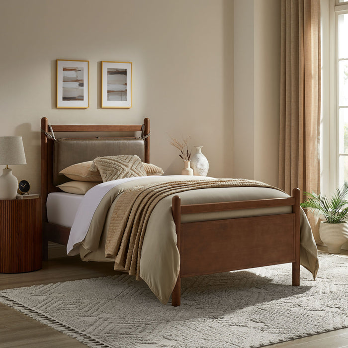 Leni Vegan Leather and Wood Platform Bed Frame Walnut Mushroom / Twin